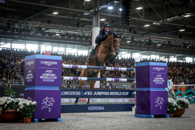 Hatten den Sieg beim CSI*-W Longines FEI Jumping World Cup™ in Verona fast schon in der Tasche: Darragh Kenny (IRL) und der 10-jährige Zangersheide-Hengst Romeo © FEI/Massimo Argenziano