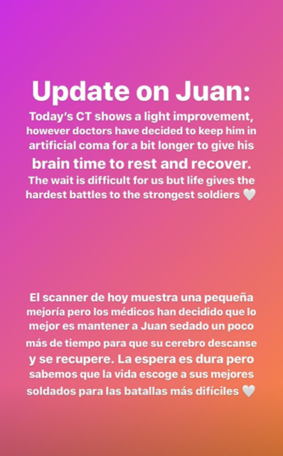 Update-Post von Paula Matute Guimon bezüglich ihrem Bruder Juan. Der 22-jährige Spanier liegt aufgrund einer Hirnblutung im künstlichen Tiefschlaf. © IG: paula_matute_guimon