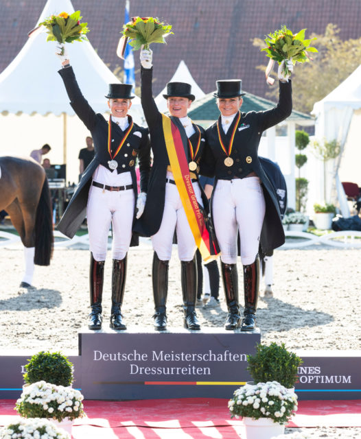 Die deutschen Meisterinnen 2020: Isabell Werth (GER) gewann die Grand Prix Musikkür, Jessica von Bredow-Werndl den Grand Prix Special, beide Bronzemedaillen gingen an Dorothee Schneider (GER) - ein tolles Ende für ein tolles Wochenende! ©Thomas Hellmann