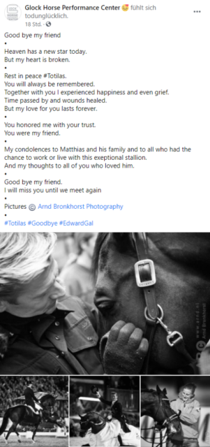 Edward Gal trauert um seinen ehemaligen Sportpartner Totilas. © Facebook: Glock Horse Performance Center